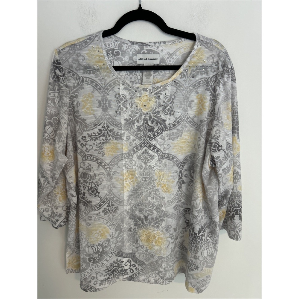 Alfred Dunner Women's XL Grey Yellow Silver Studded 3/4 Sleeve Paisley Top